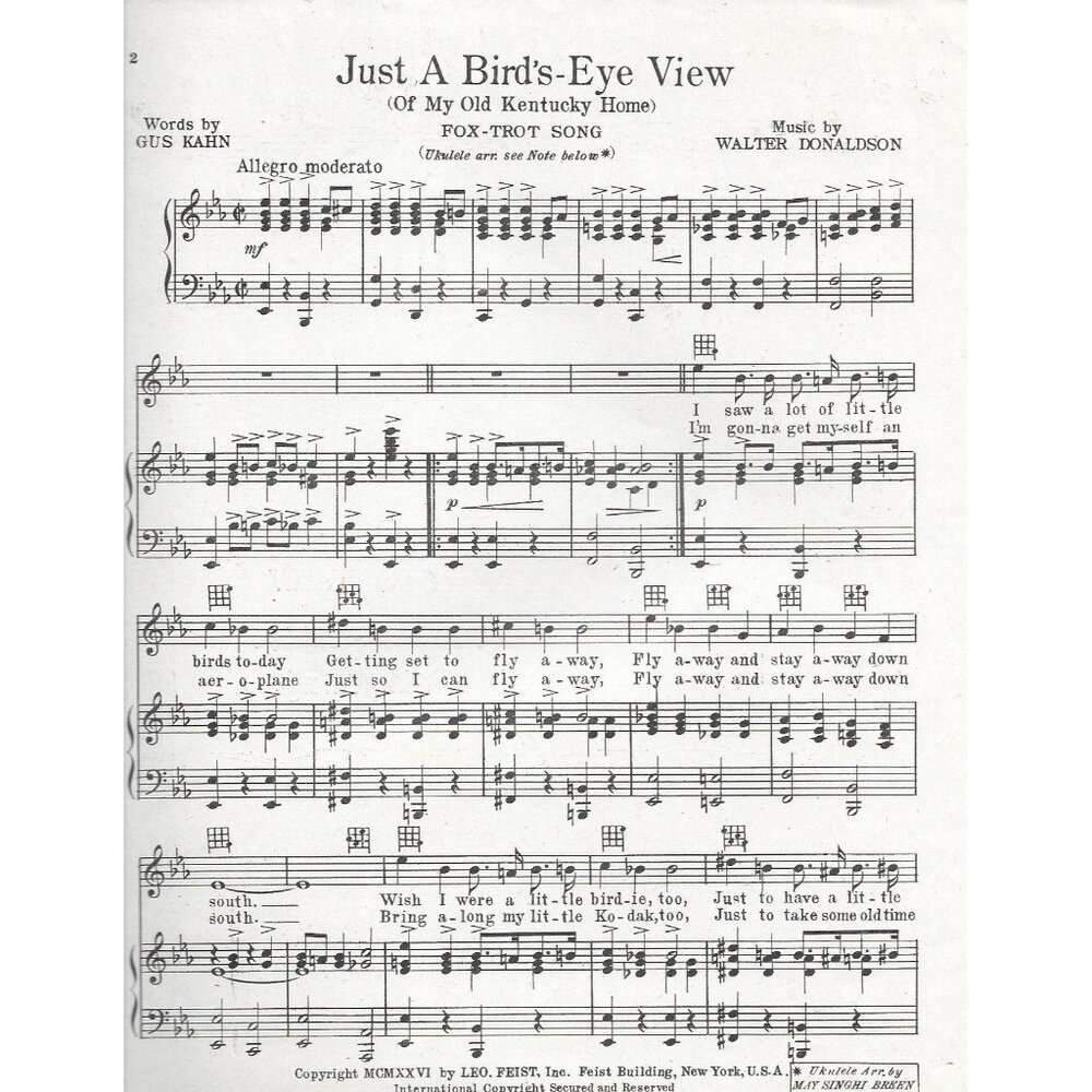 1926 Just A Bird’s-Eye View Sheet Music Gus Kahn Walter Donaldson Leo Feist - Picture 3 of 3